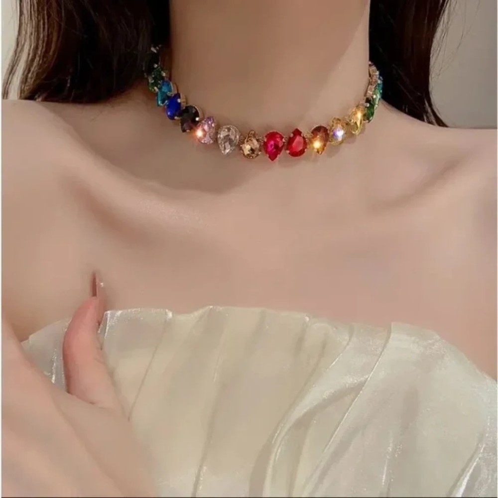 Colorful Rhinestone Crystal Necklace For Women Luxury Fashion Water Drop Choker